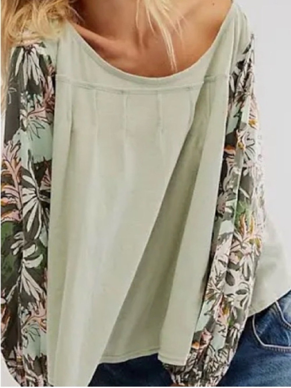 Free People Boho Floral-Sleeve Women's Top in Sage